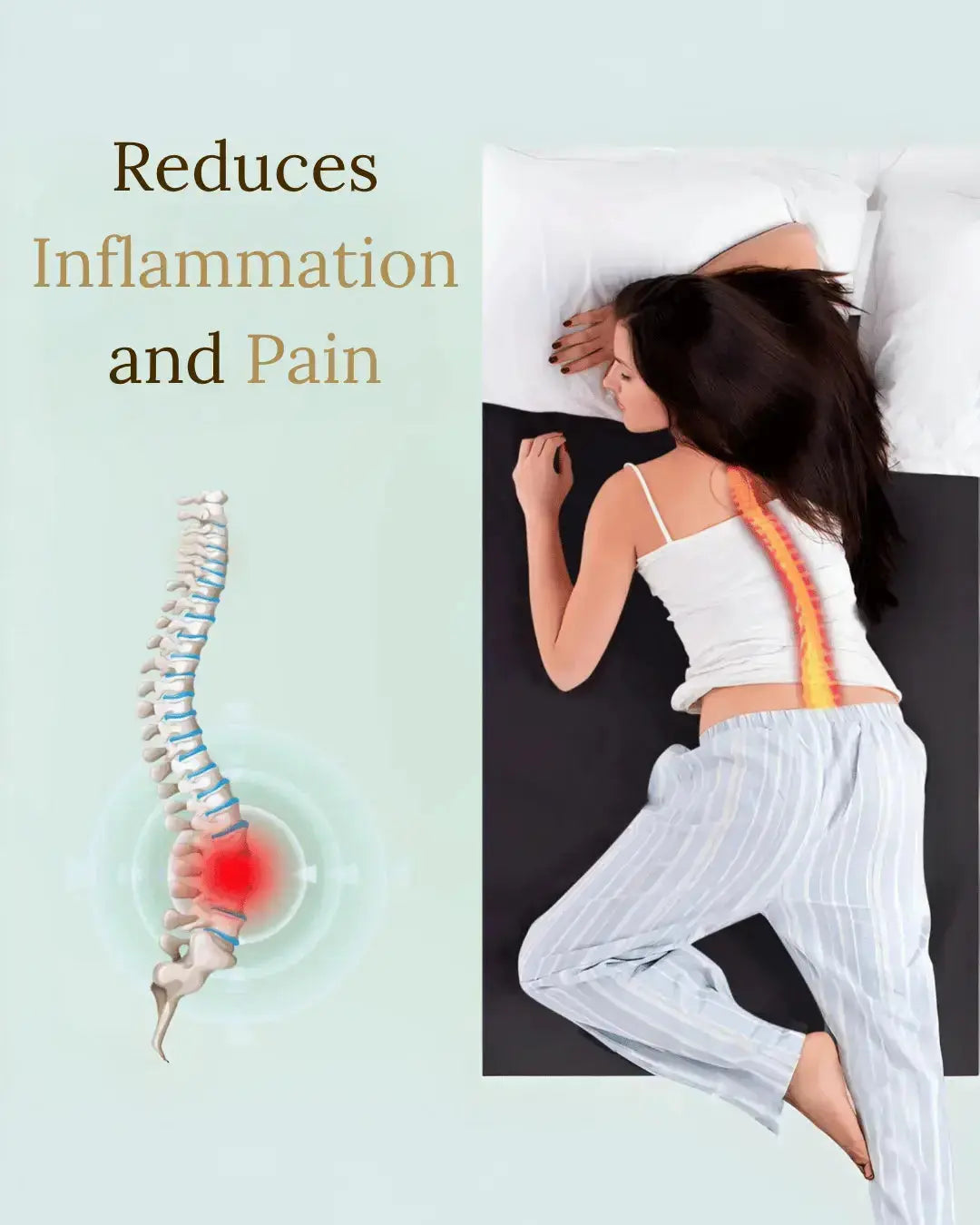 Woman lying on a bed with a spine illustration highlighting inflammation and pain relief.