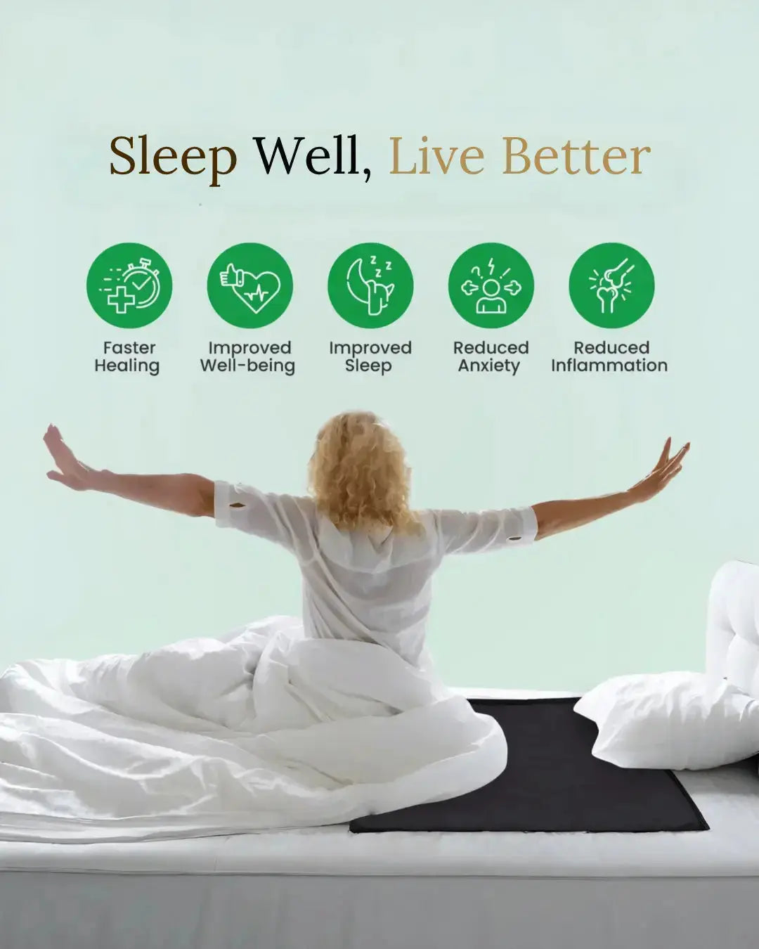 Person lying on a bed with 'Sleep Well, Live Better' text and icons on a light green background