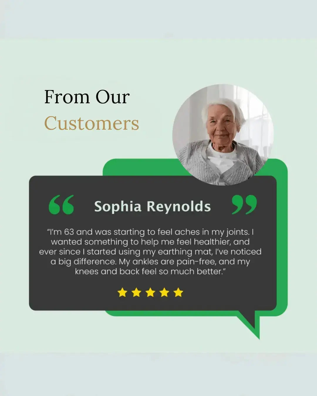 Customer review from Sophia Reynolds with a photo of an elderly woman on a light green background