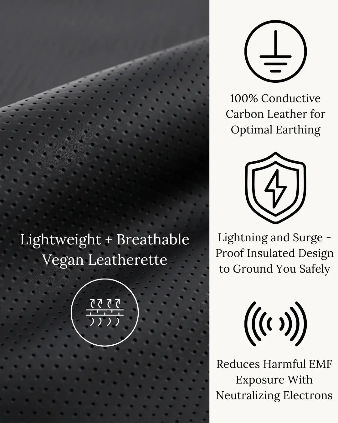 Earthbound grounding mattress cover with 100% conductive carbon leather surface, breathable vegan leatherette, surge-protected grounding design, and EMF exposure reduction support