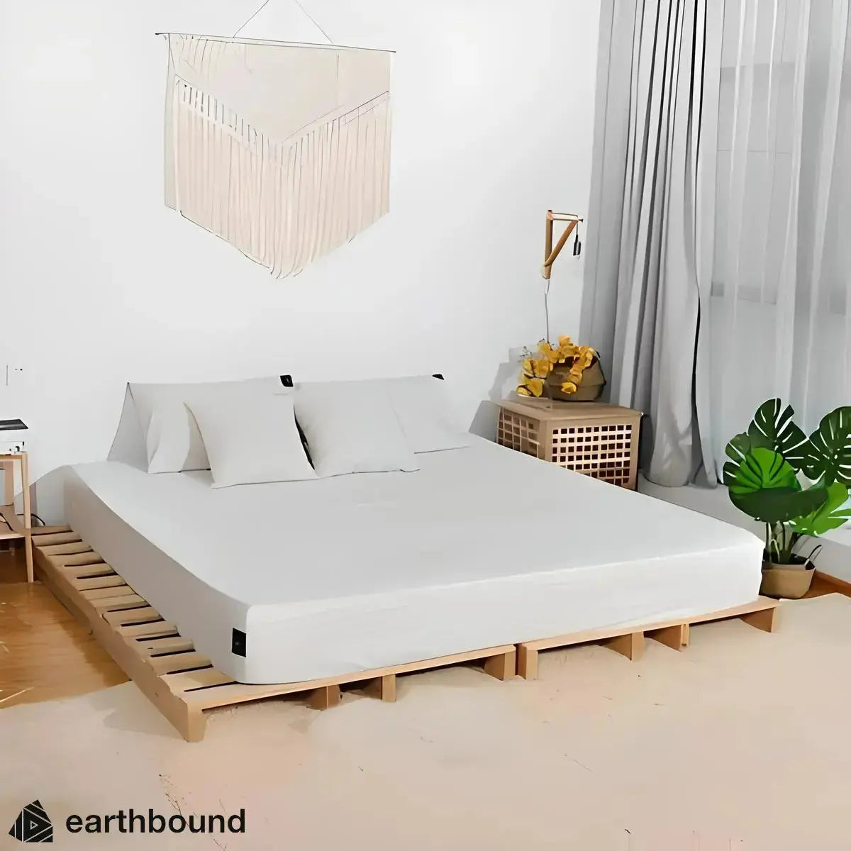 White grounding cover on wooden bed