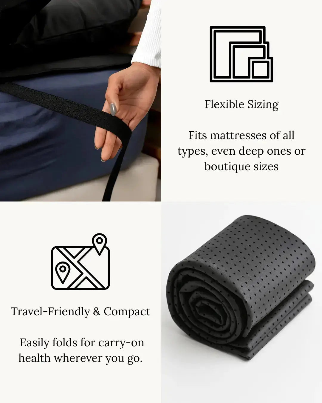 Earthbound grounding mattress cover with flexible sizing for all mattress types and compact travel-friendly roll-up design
