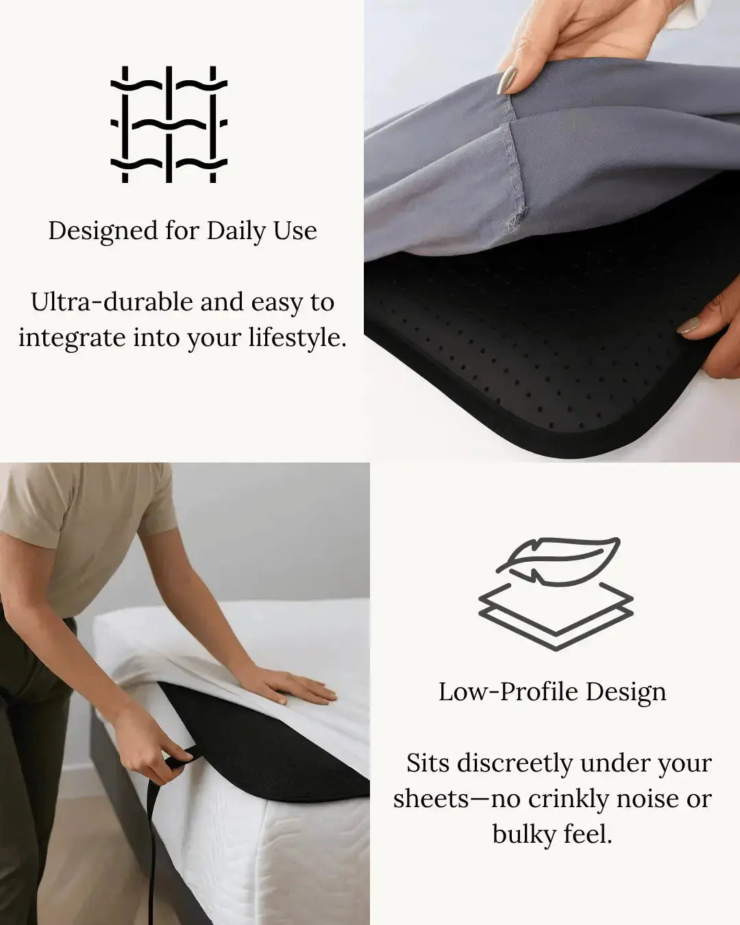 Grounding mattress pad with text highlighting its design and features