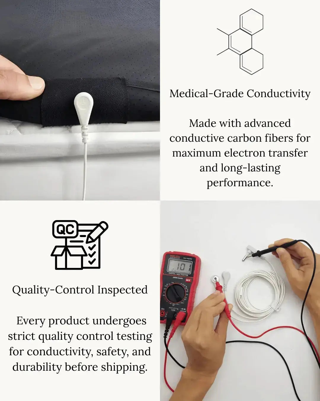 Earthbound grounding product with medical-grade conductivity, advanced carbon fibers, and quality-control tested for safety, durability, and performance