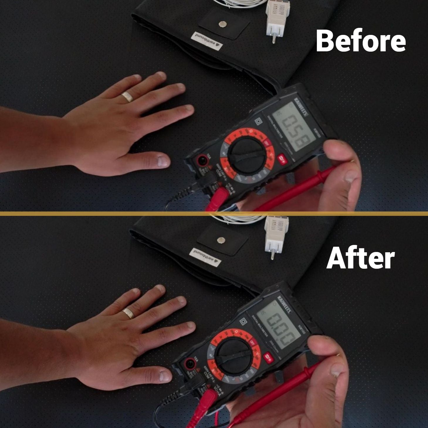 Before and after grounding test showing voltage drop from 0.56V to 0.00V on multimeter