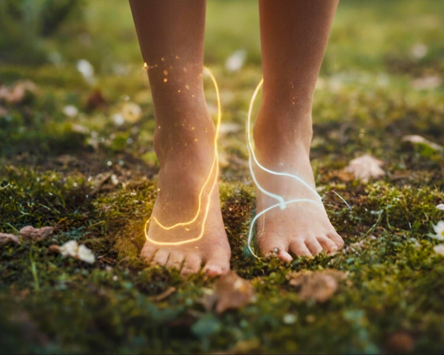 Feet walking on grass with glowing footprints