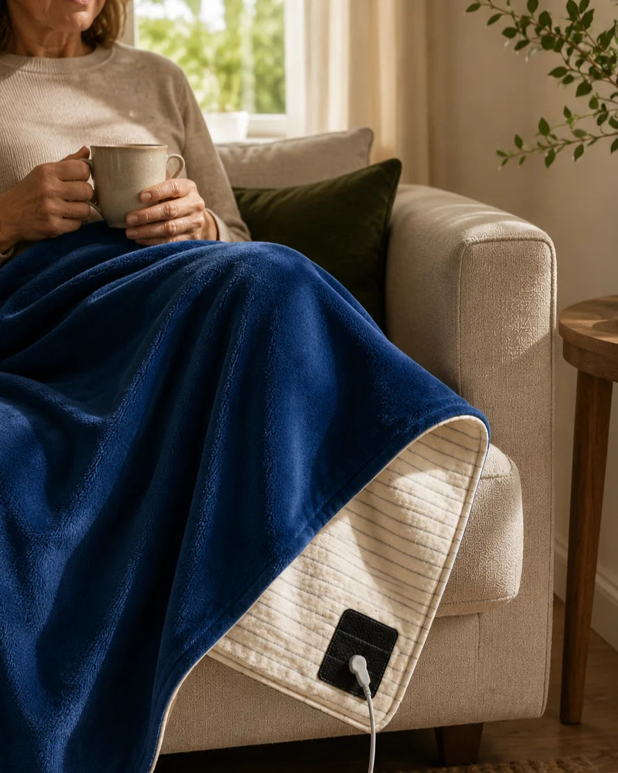 Person relaxing on a sofa under the blue grounding blanket