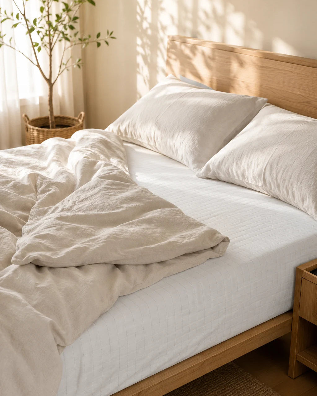 Bed with the white fitted grounding sheet and folded duvet