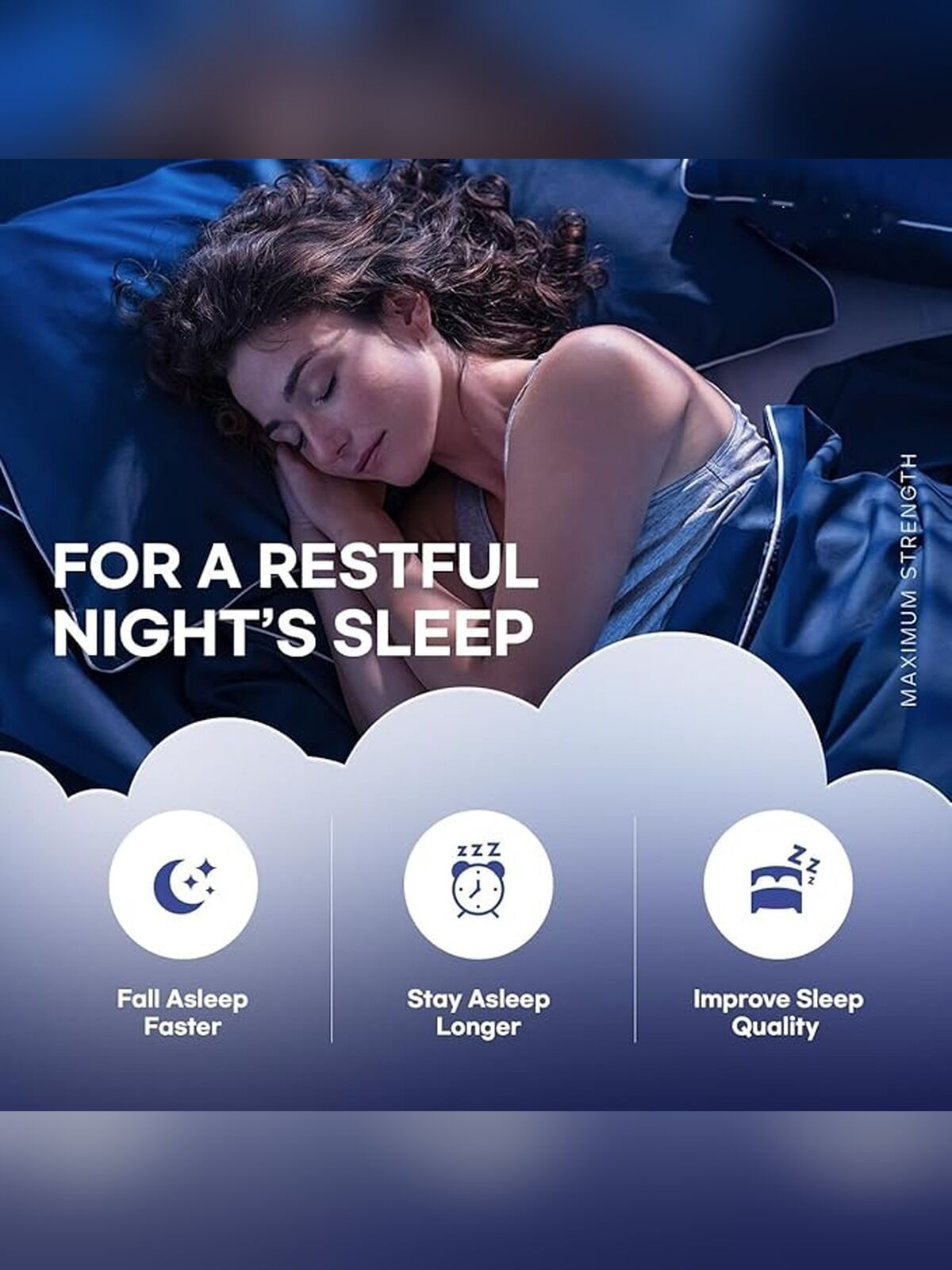 Woman sleeping with text 'For a restful night's sleep' and icons for sleep improvement.