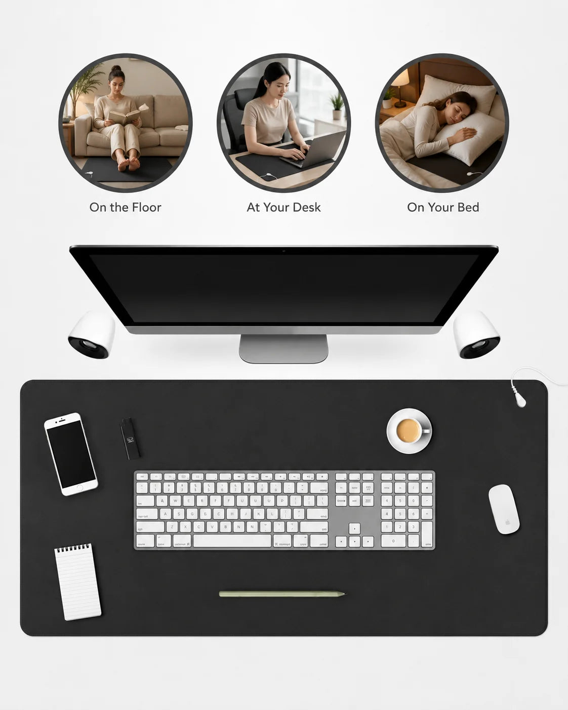 Grounding mat on a desk under keyboard, mouse, and phone