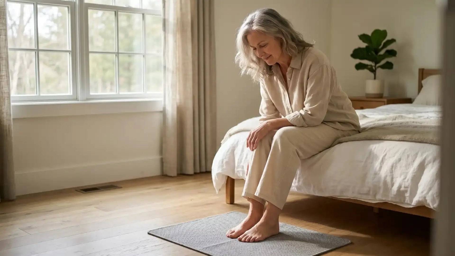 A calm older woman sitting on the edge of a bed with her bare feet on a grounding mat in a softly lit bedroom during the morning