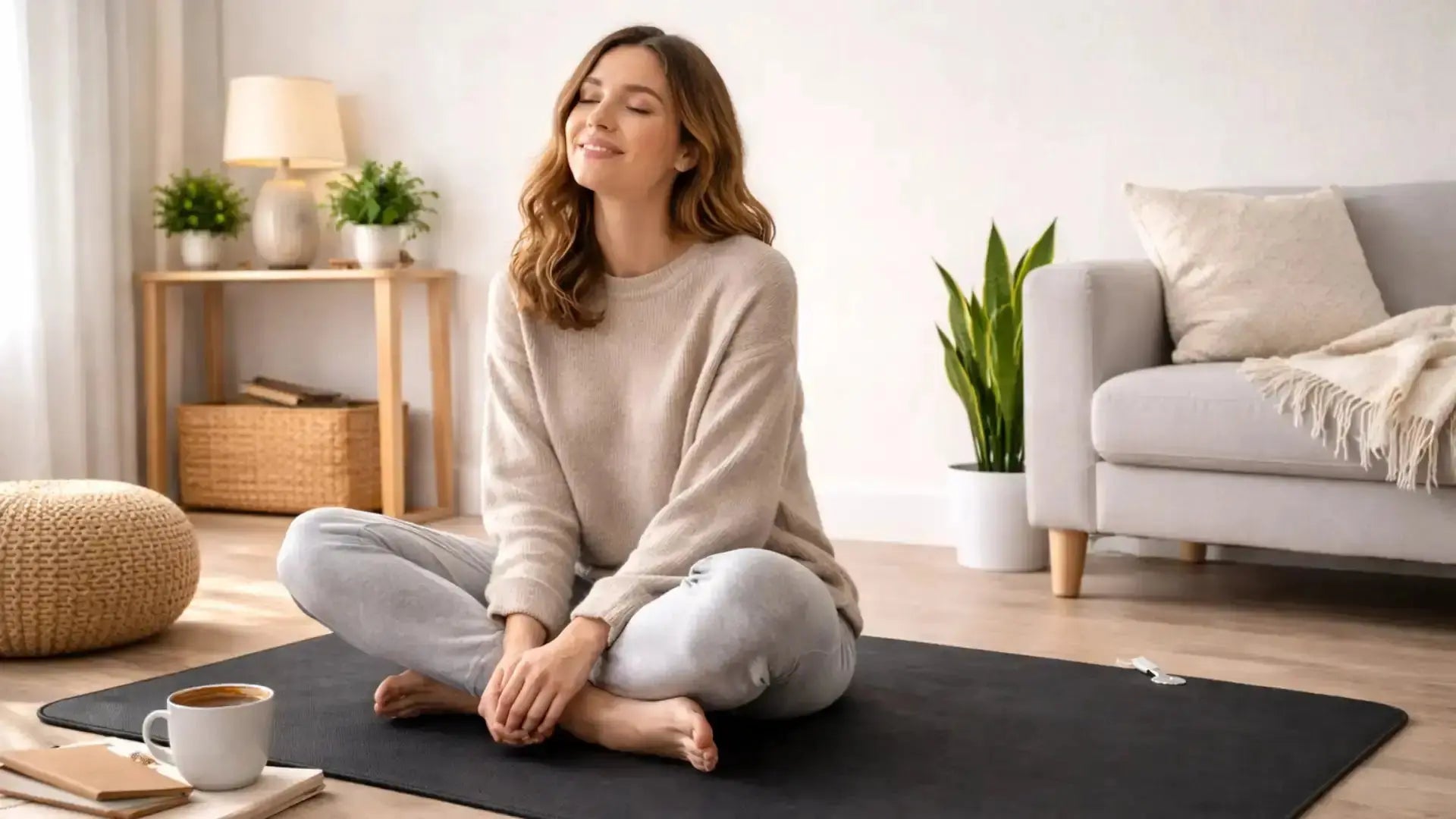 Woman sitting relaxed on a grounding mat in a bright living room, demonstrating at-home earthing use