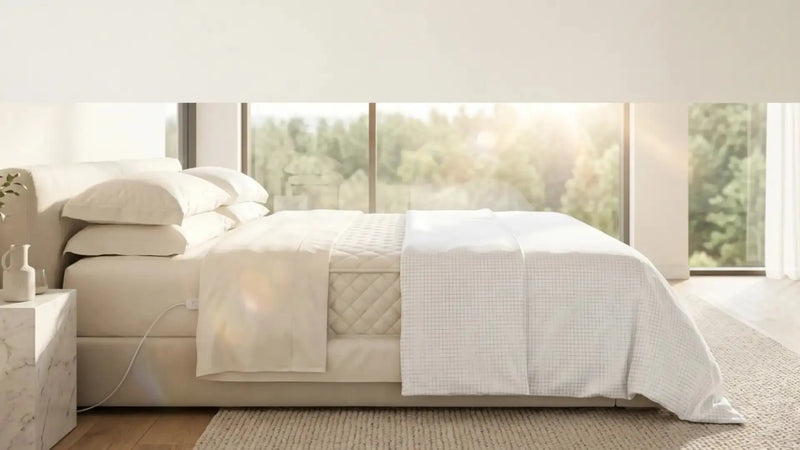 Sunlit bedroom with grounding mattress cover on modern bed