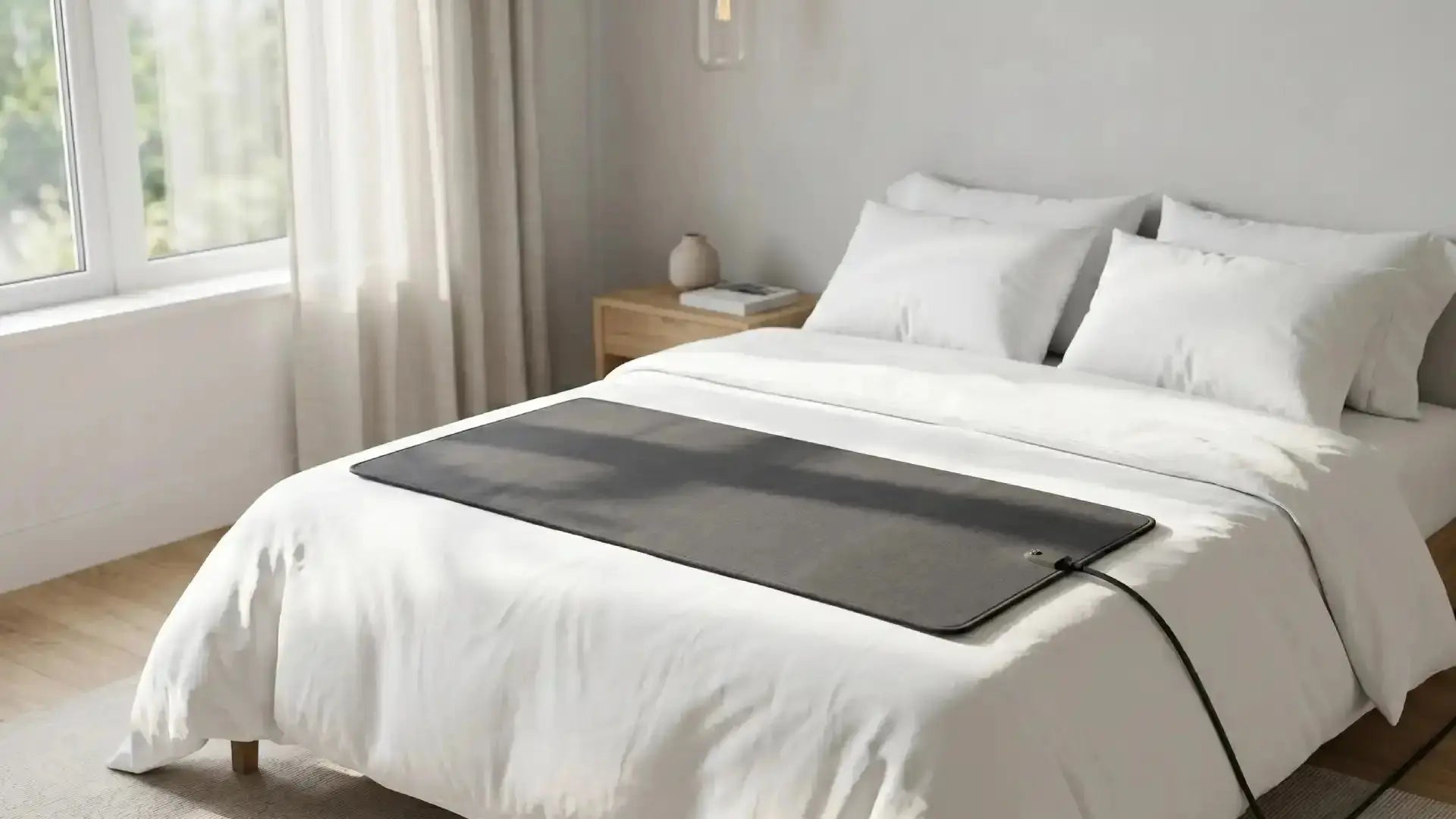 Minimalist bedroom with grounding mat on bed and cord to outlet in natural light
