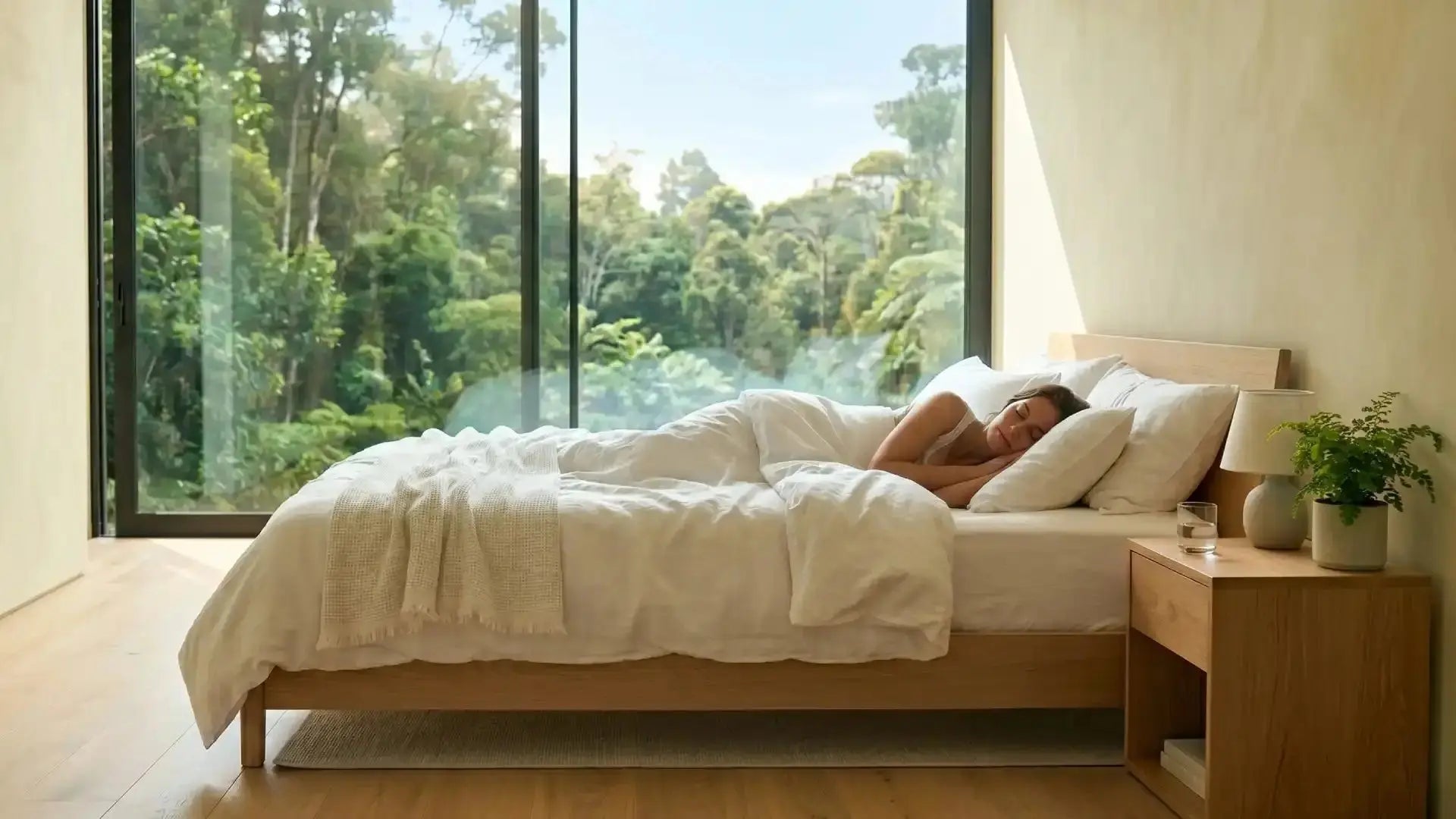 A woman sleeping deeply on a bed with white organic linens in a bright, minimalist bedroom with a large window overlooking a lush forest.
