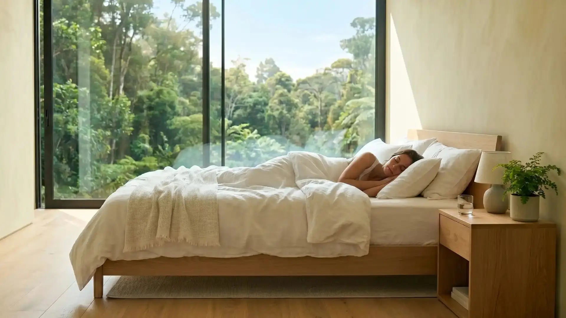 A woman sleeping deeply on a bed with white organic linens in a bright, minimalist bedroom with a large window overlooking a lush forest.