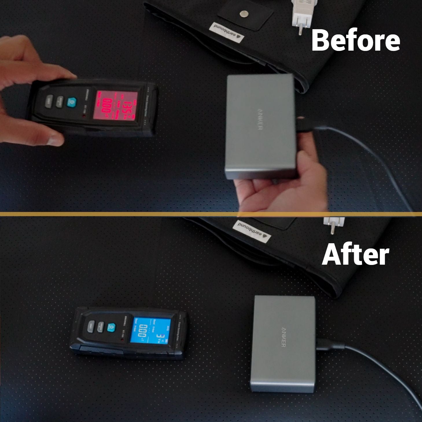 Before and after grounding EMF meter test