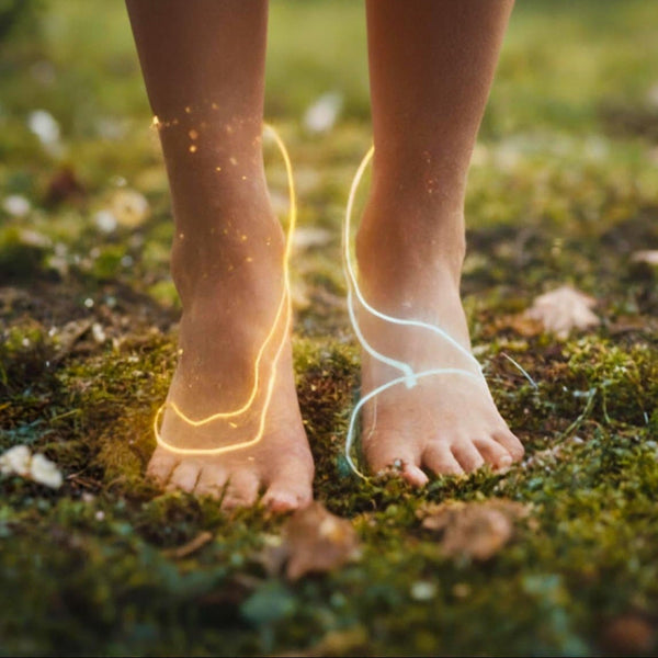 Feet walking on grass with glowing footprints