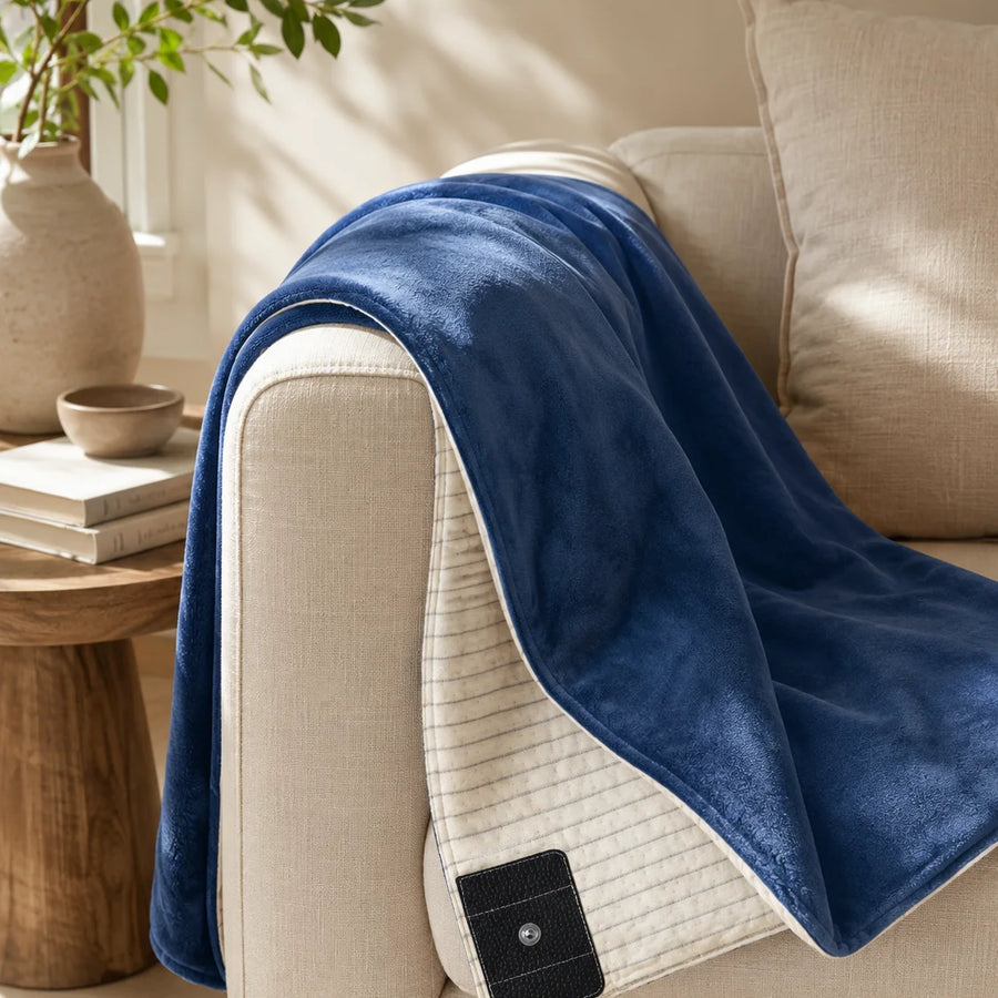 Blue grounding blanket with sherpa lining draped over a sofa