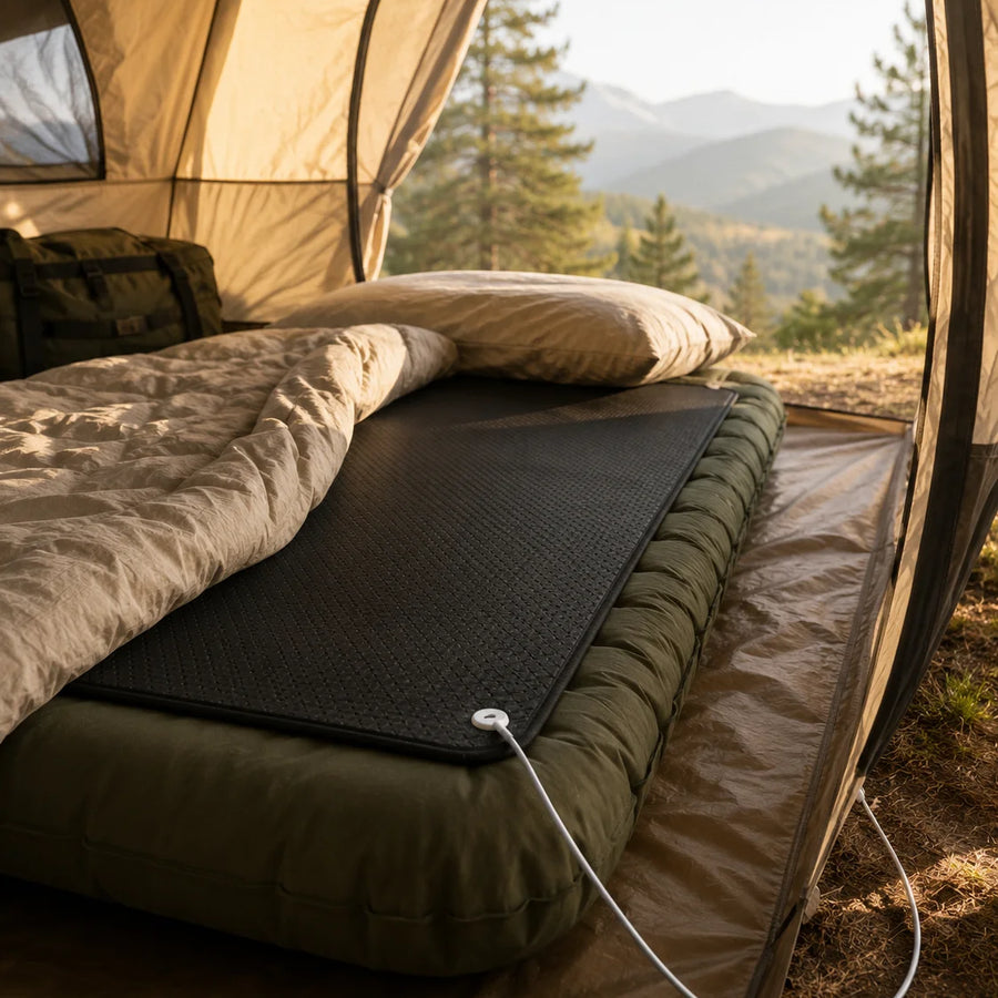 Portable grounding pad set up on a bed inside a tent