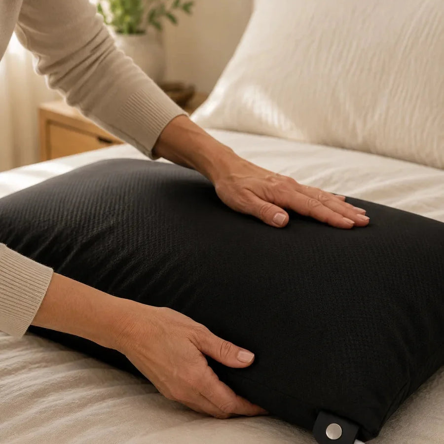 Hand pressing a black grounding pillow cover with cord attached