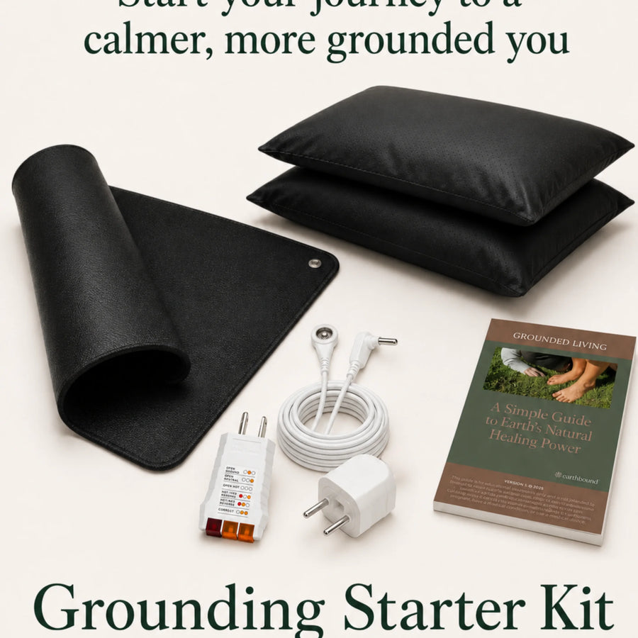 Grounding Starter Kit graphic: mat, pillow covers, cords, and guide with 90-night guarantee